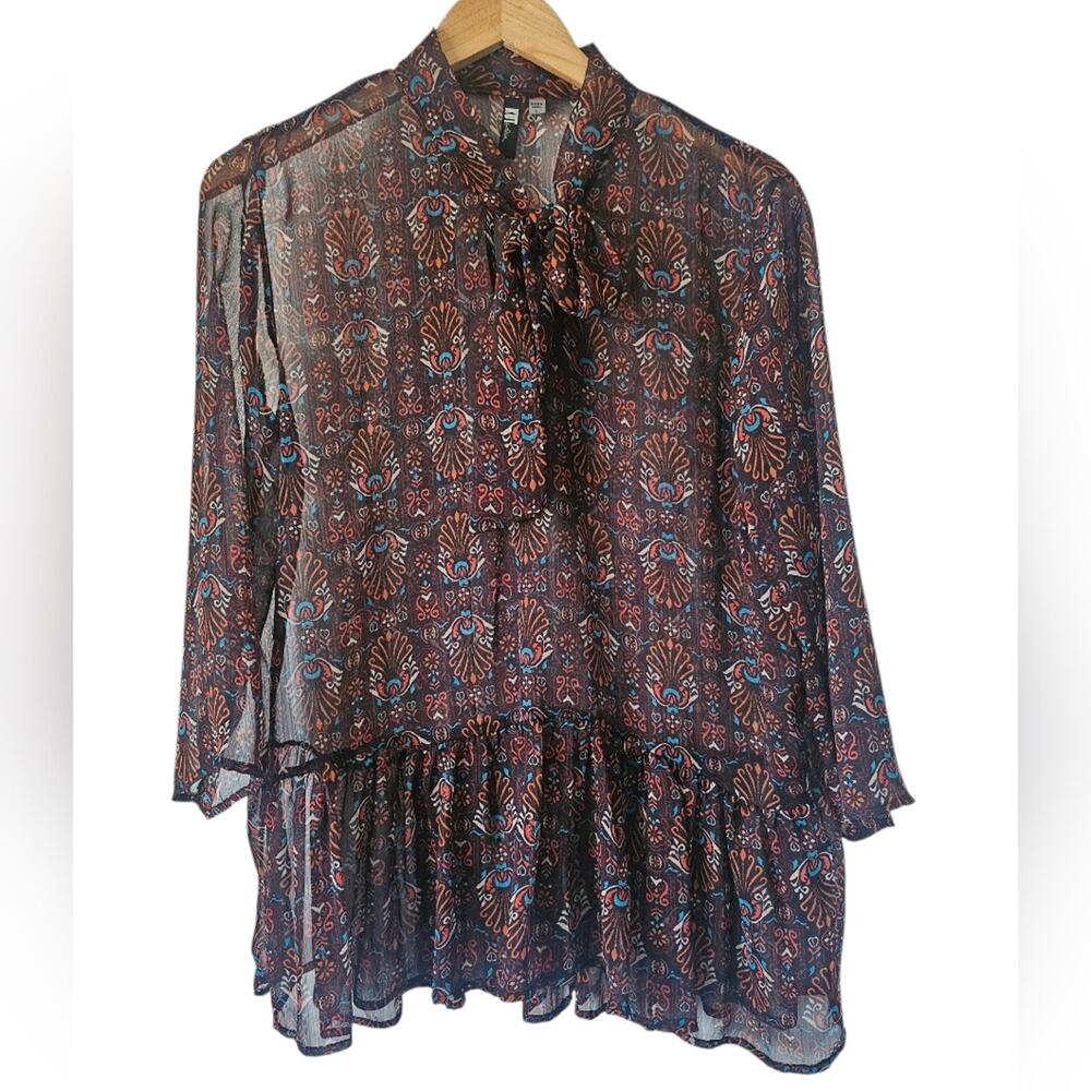 Kut from the Kloth Brown Paisley Blouse L Boho Tie Neck Sheer Peplum